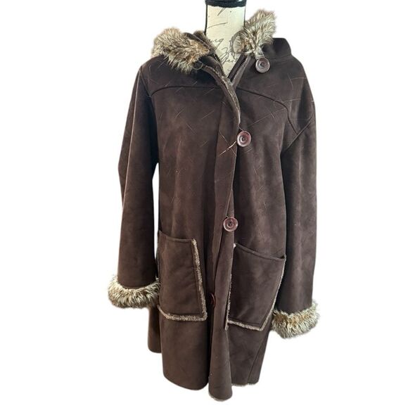 Brown Teddy Faux Fur Hood Trim Jacket - Picture 8 of 9